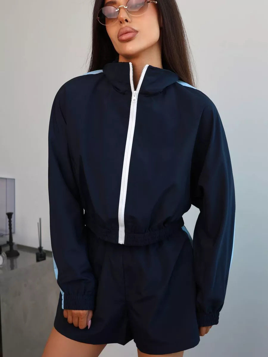 Stylish Long-sleeved Zip-up Sports Cardigan Jacket and Shorts Sports Casual Set
