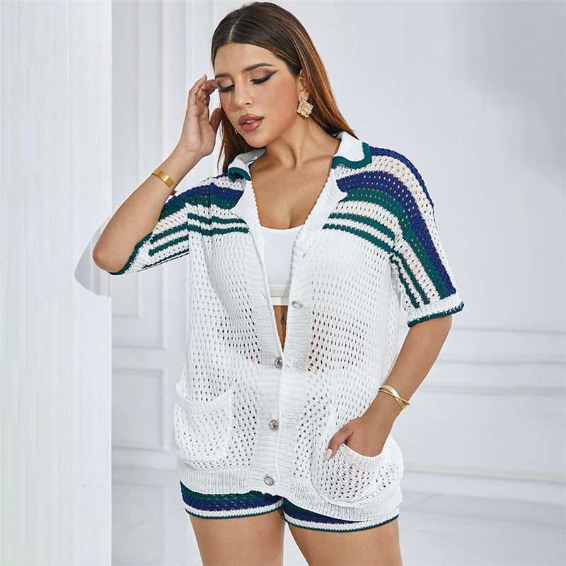 Knitted Lapel Striped Cardigan High Waist Shorts Casual Suit