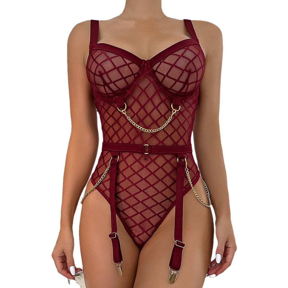 Sexy Fishnet Mesh Bodysuit with Metal Chain Accessories