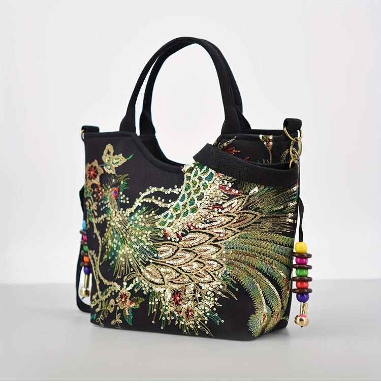 Vintage Canvas Embroidered Large Capacity Shoulder Strap Crossbody Tote Bag