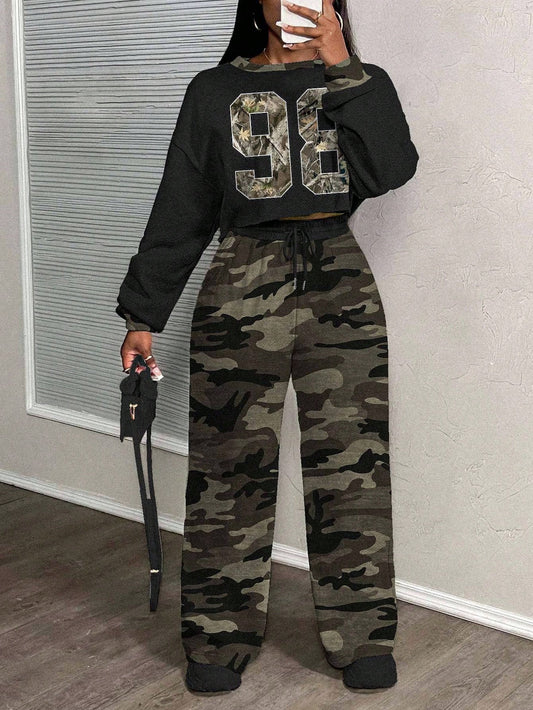 Casual Letter Print Crew Neck Sweatshirt and Pants Set