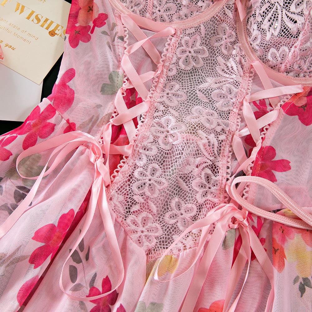 Sexy Lace Floral Mesh Printed Underwire Gathered Bowknot Neck Dress