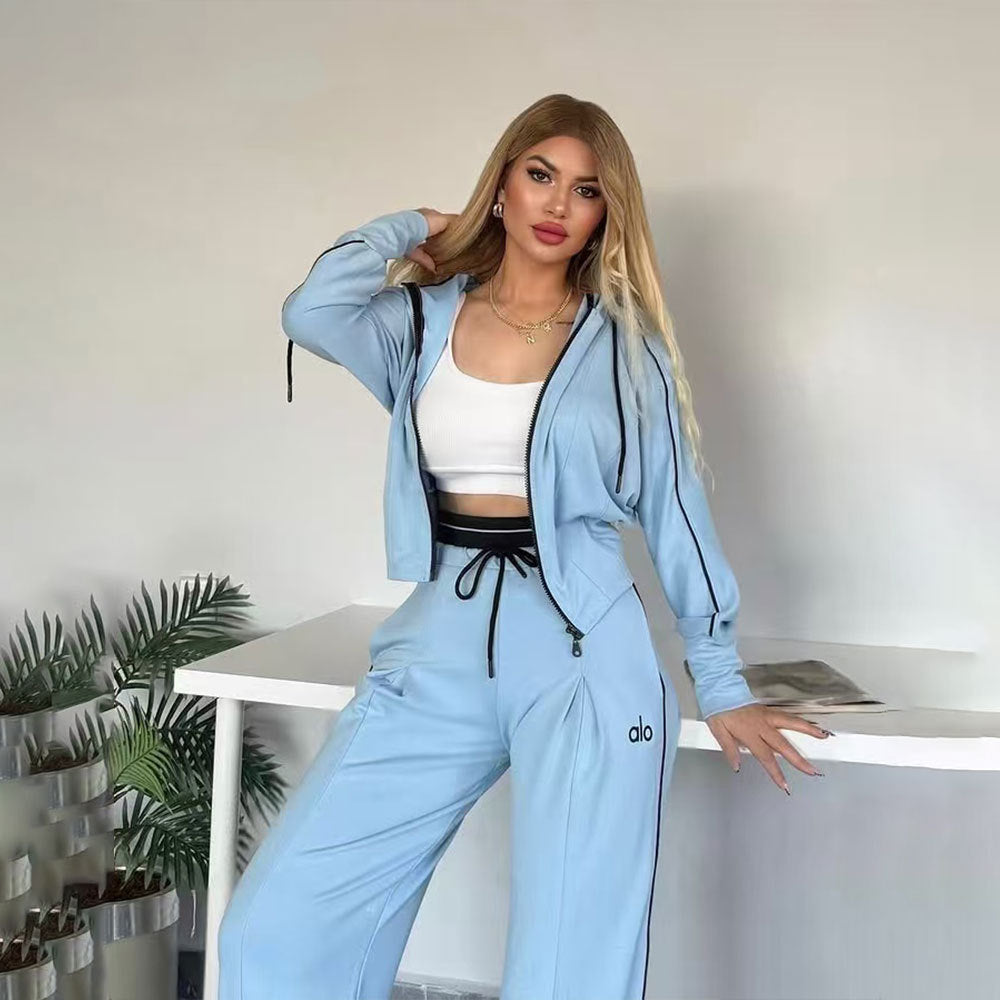 Embroidered Wide-leg Pants Hooded Jacket Sports Two-piece Set