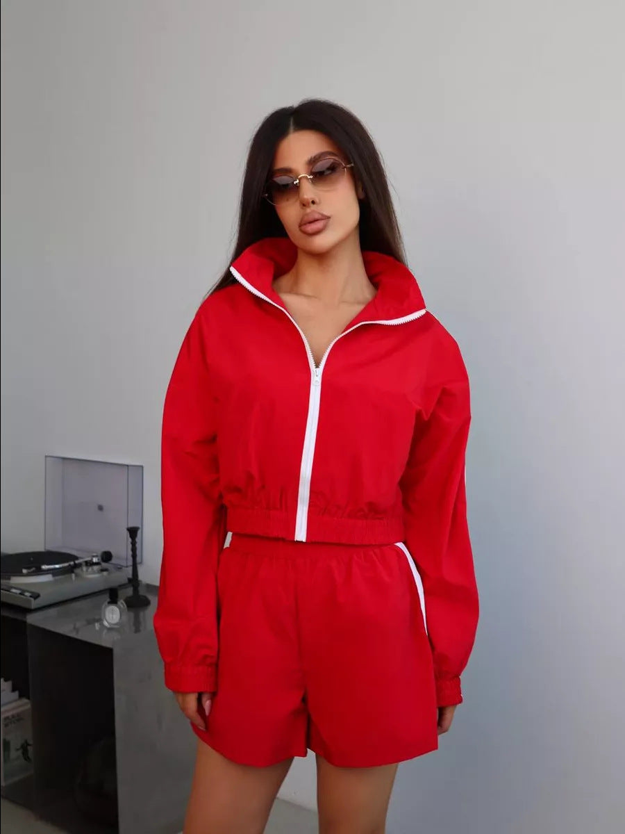 Stylish Long-sleeved Zip-up Sports Cardigan Jacket and Shorts Sports Casual Set