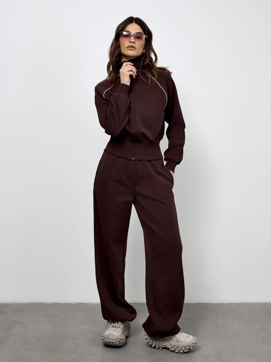 Stylish Line Long-Sleeved Zipper Cardigan Loose-Fitting Trousers Casual Suit