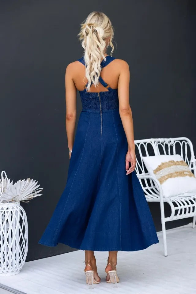 Elegant Solid Color Waist-length Denim Suspender Dress