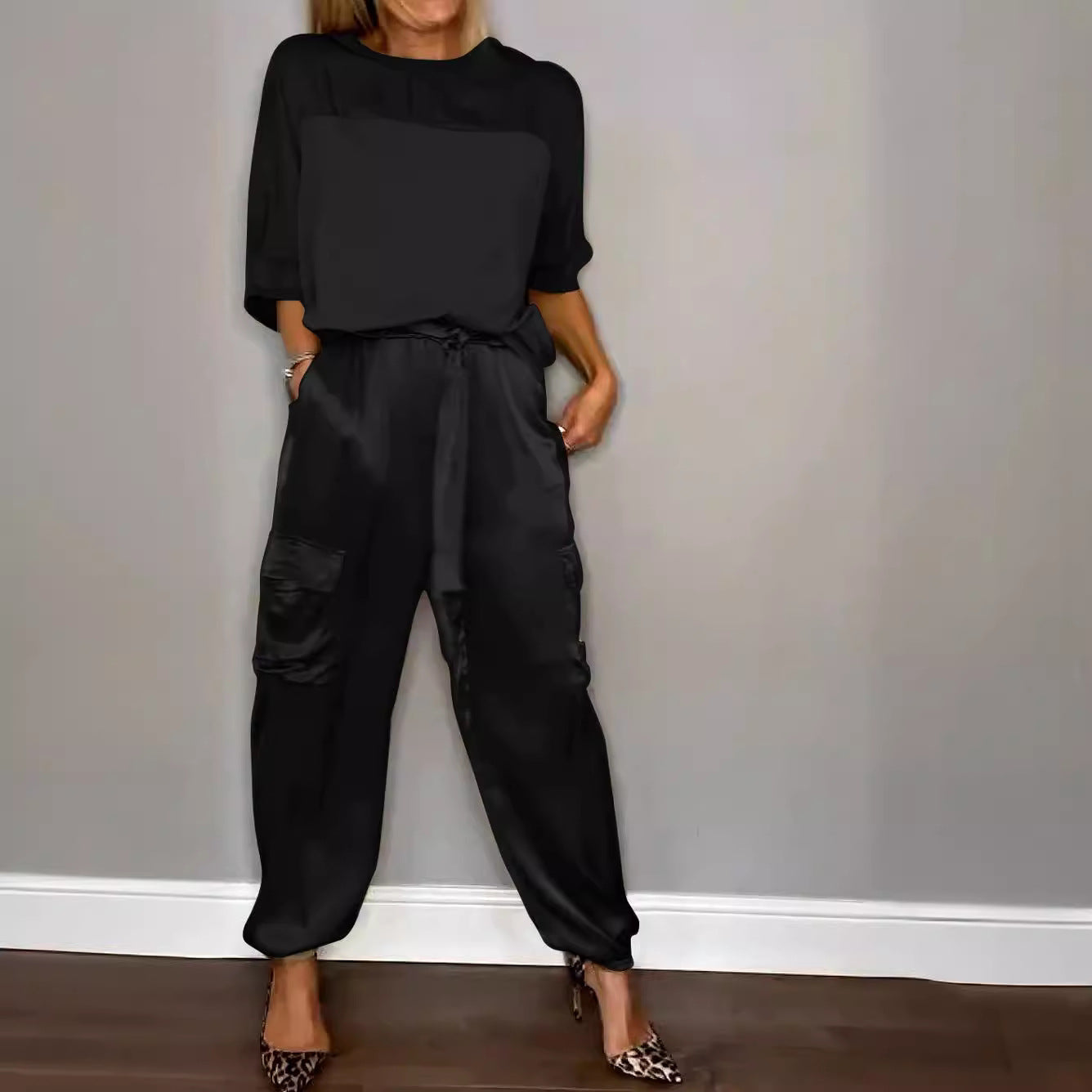 Fashionable Mercerized Satin Short Sleeve Top and Pants Set