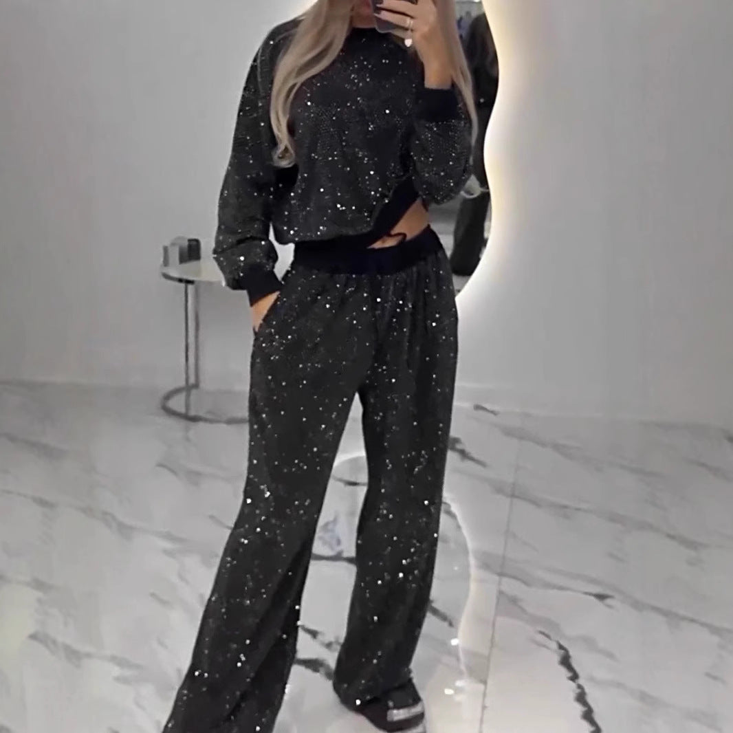 Starry Sky Long-sleeved Round Neck Drawstring Top Wide-leg Two-piece Suit