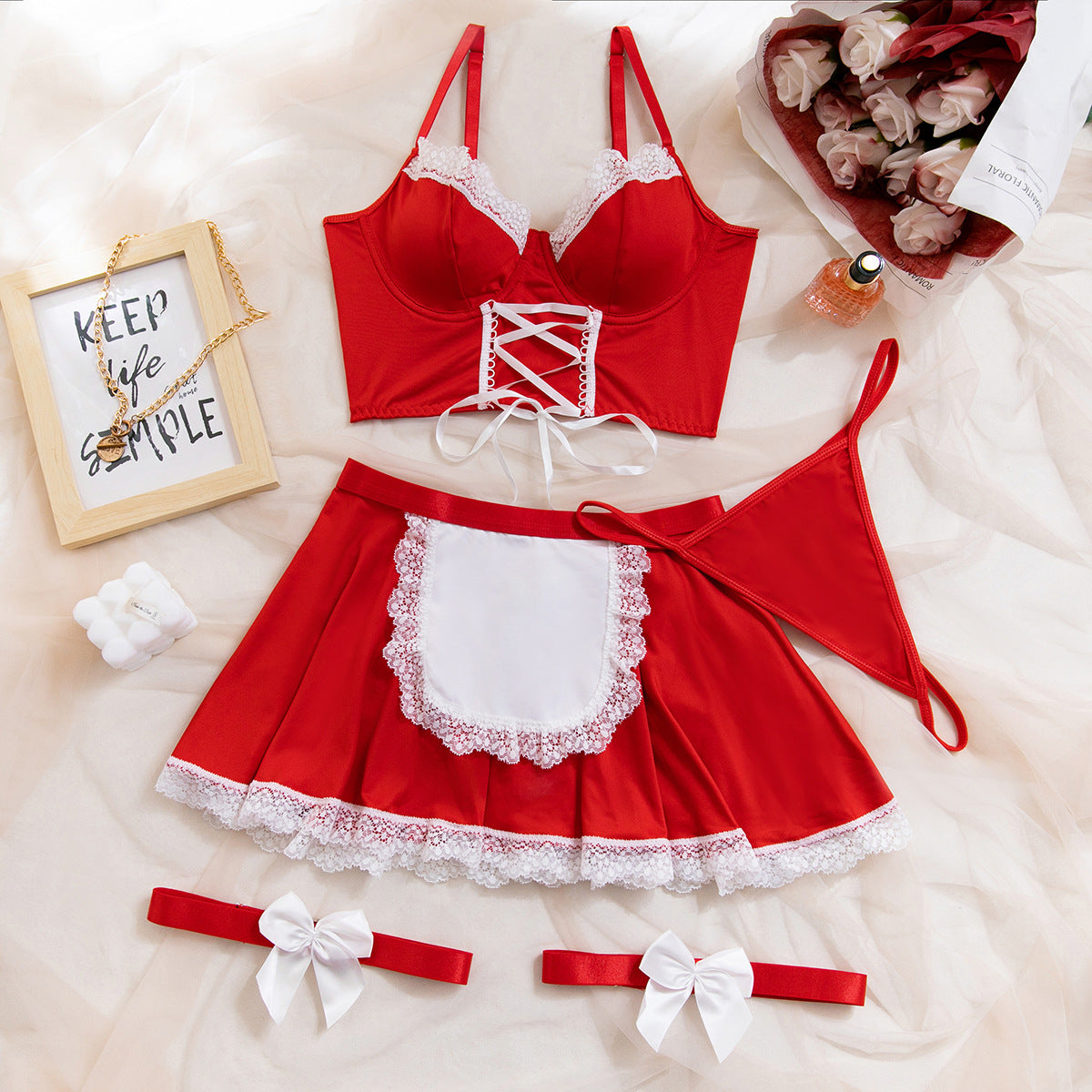 Cute Dress-up Strap Cross-hanging Sexy Bra Set 4-piece Set