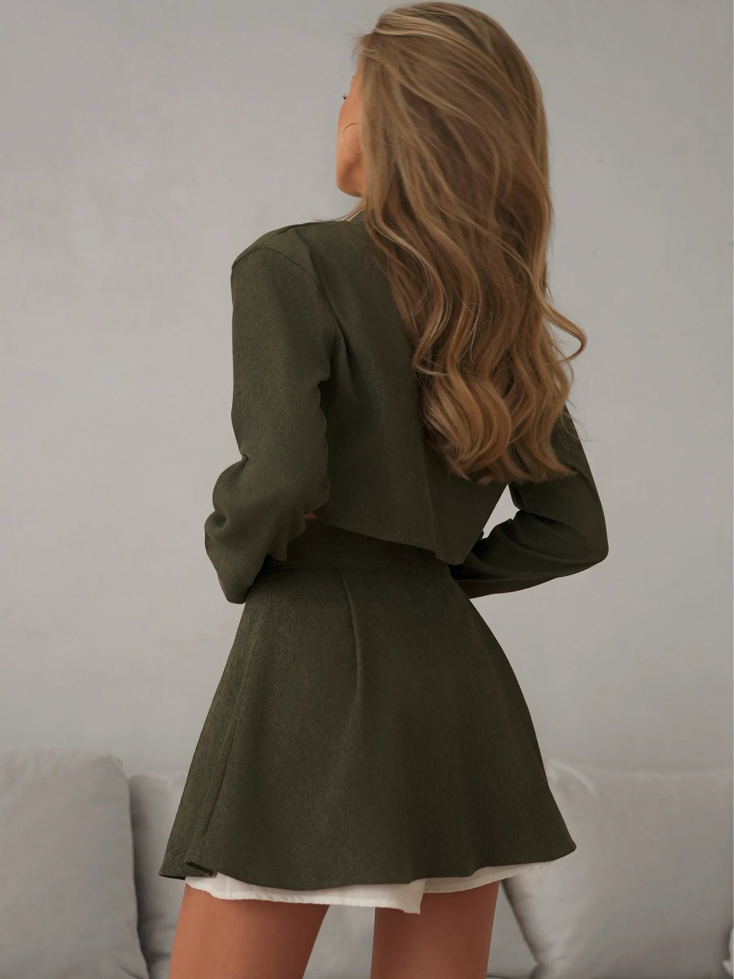 Faux Two-piece Spliced top and High-waisted A-line Skirt and Pants Set