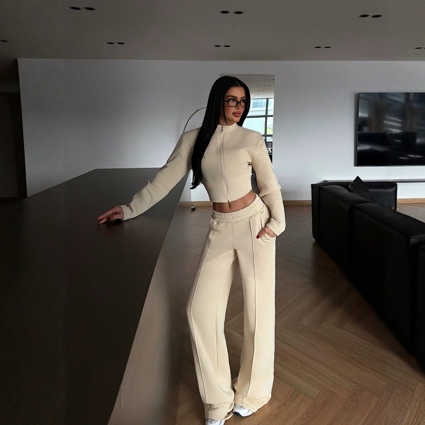 Stylish Solid Color Zip-up Cardigan and Wide-leg Pants Casual Suit