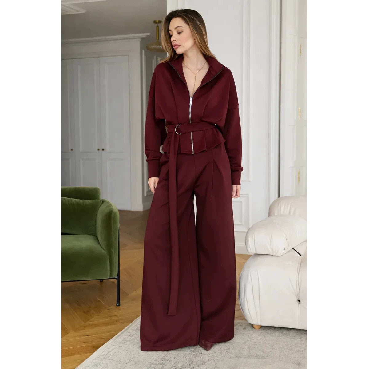 Stand-up Collar Long-sleeved Belted Sweatshirt and Casual Pants Set
