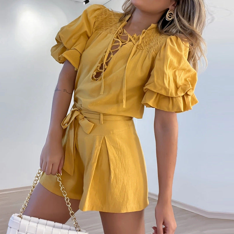 Stand Collar, Pile Sleeves, Shirt, High Waist, Tie-dye, Straight Shorts, Two-piece Suit