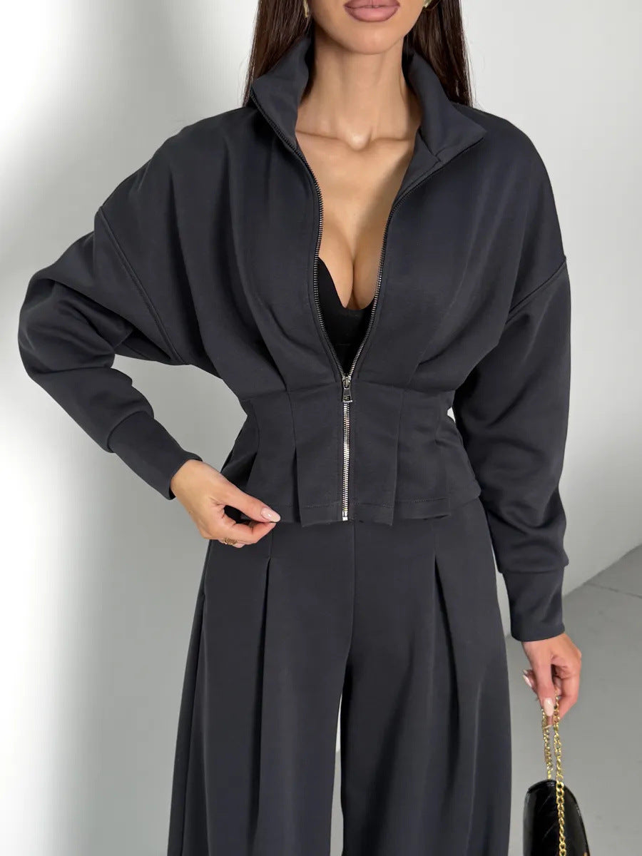 Stand-up Collar Long-sleeved Belted Sweatshirt and Casual Pants Set