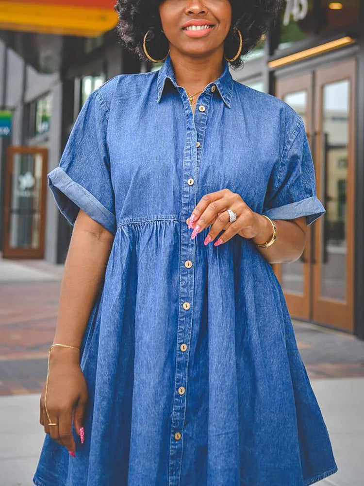 Short-sleeved Lapel Single-breasted Multi-button Casual Denim Dress