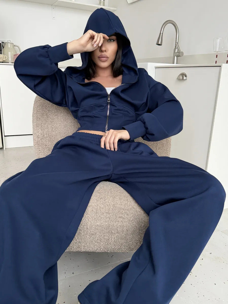 Solid Color Zip-up Cardigan Sweatshirt Loose Trousers Casual Suit
