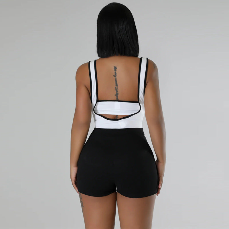 Sexy Colorblock Sleeveless Suspender Stretch Shorts Two-piece Set