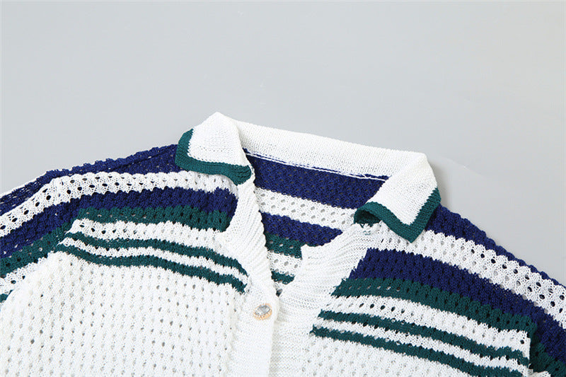 Knitted Lapel Striped Cardigan High Waist Shorts Casual Suit