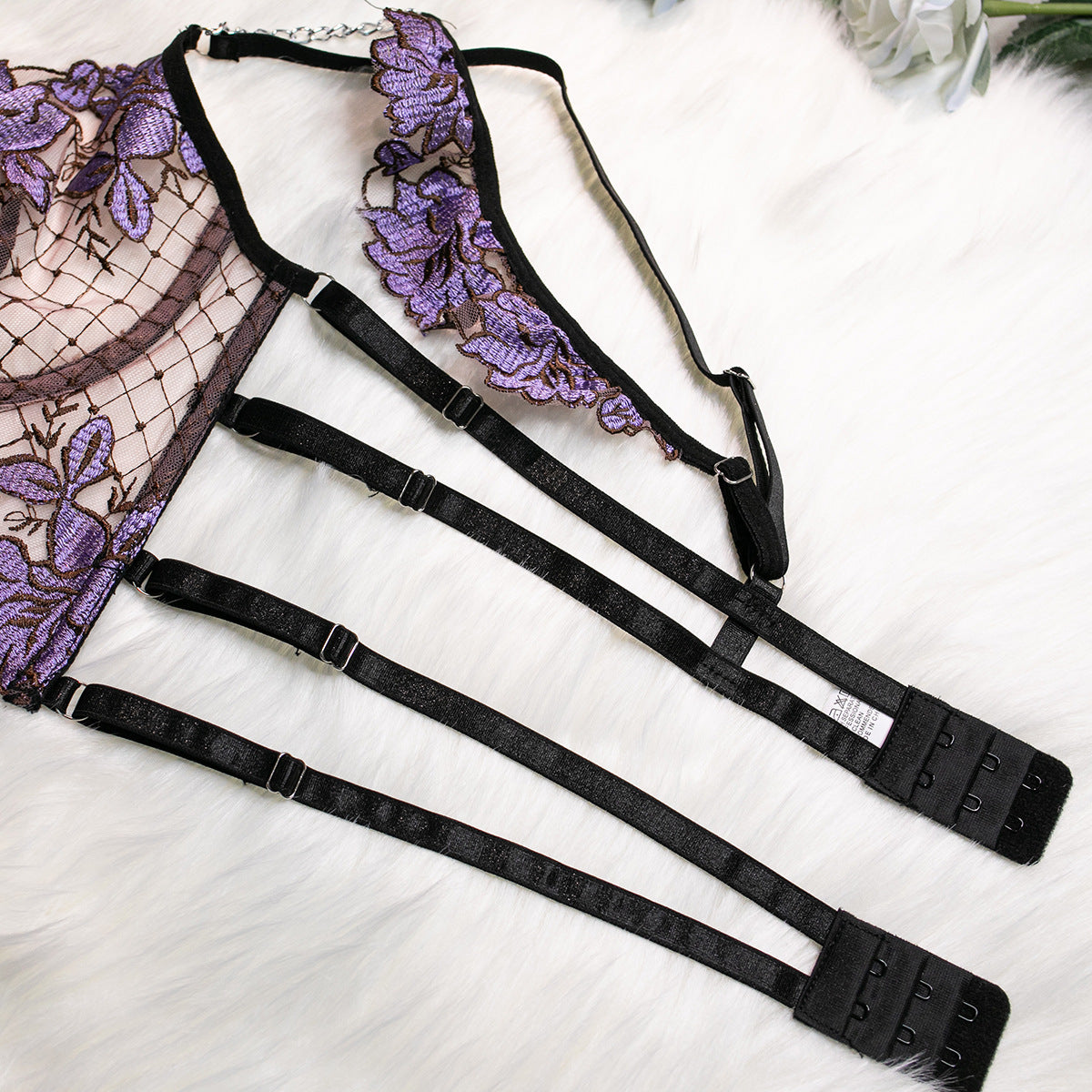 Embroidered Flower Gathered Cute Metal Chain Sexy Lingerie Four-piece Set