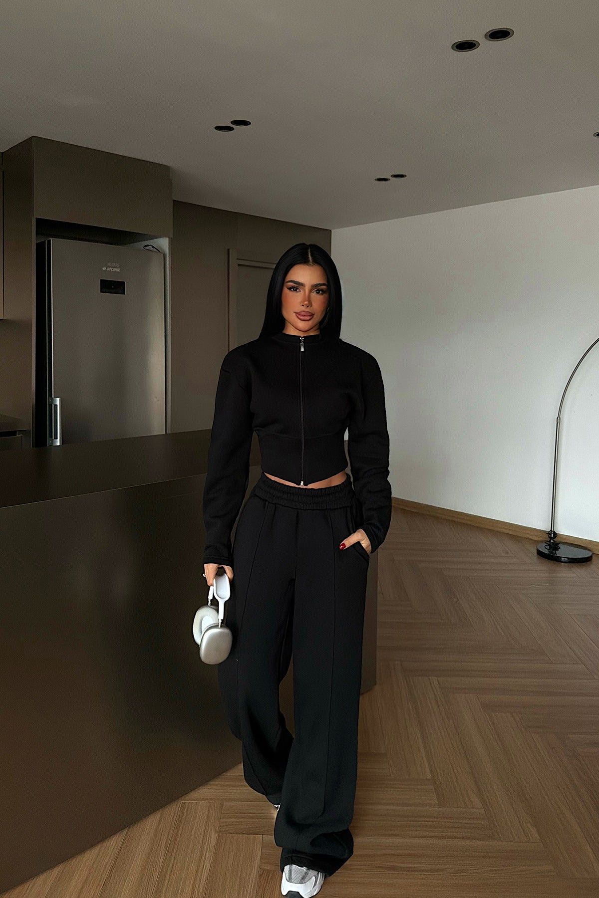 Stylish Solid Color Zip-up Cardigan and Wide-leg Pants Casual Suit