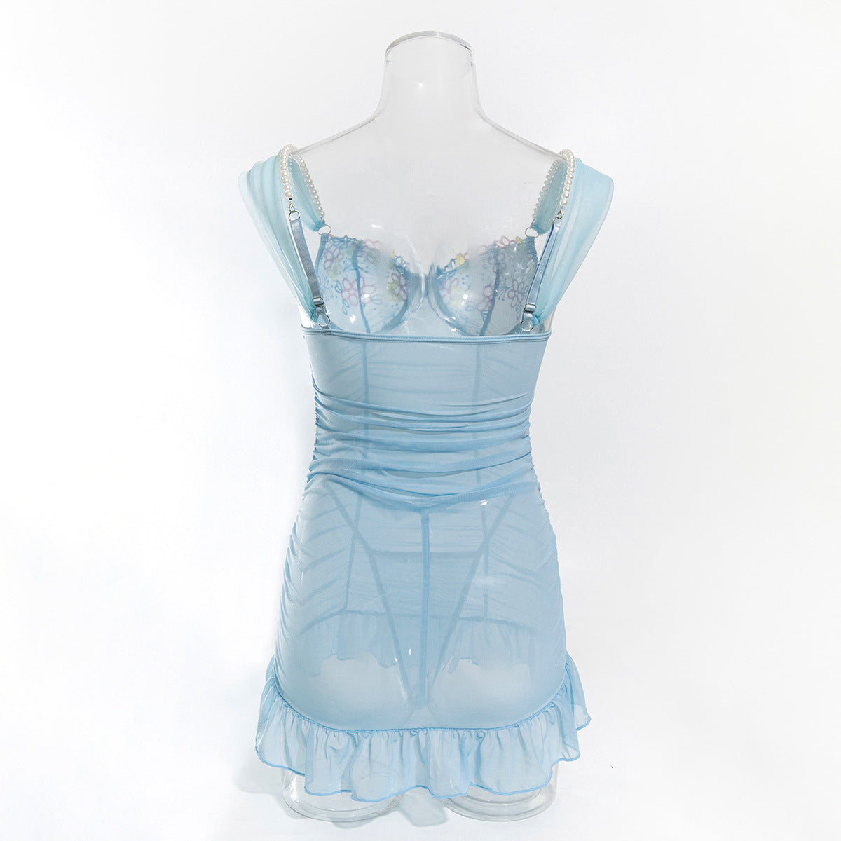 Sexy Light Style Pearl Strap Beautiful Back Flower Embroidery Mesh Dress