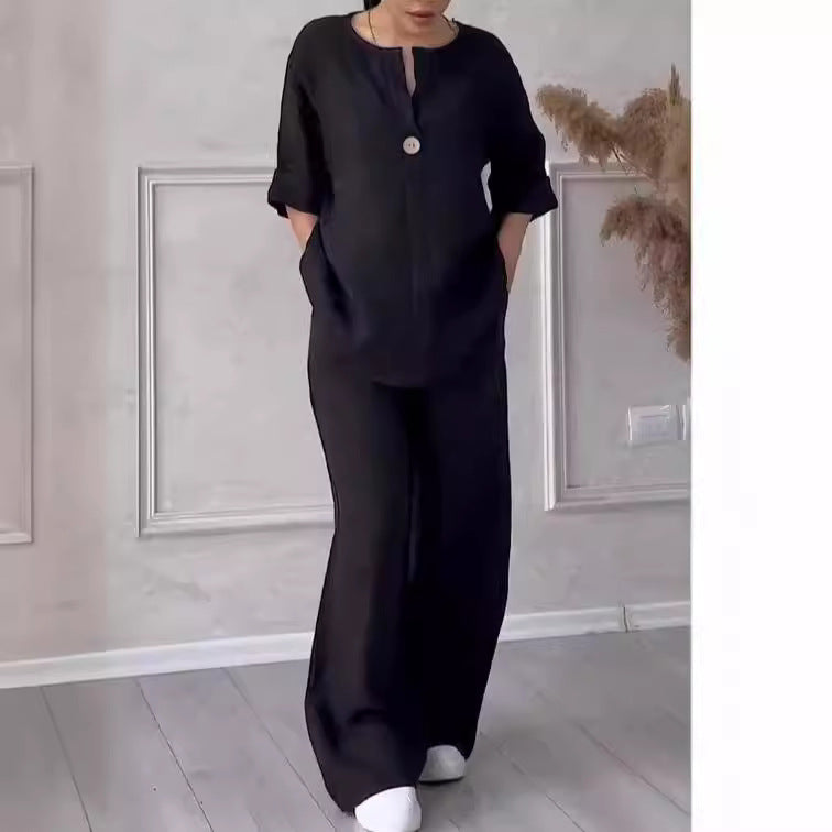 Fashionable Pure Color Cotton Linen Leisure Pants Set