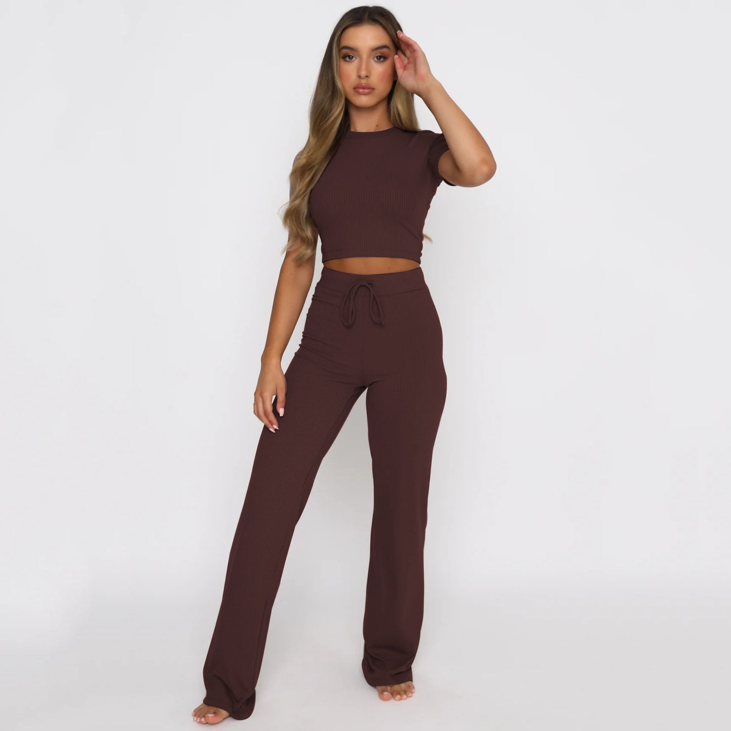 Solid Color High Elastic Shaping Short-Sleeve Wide-Leg Pants Casual Set