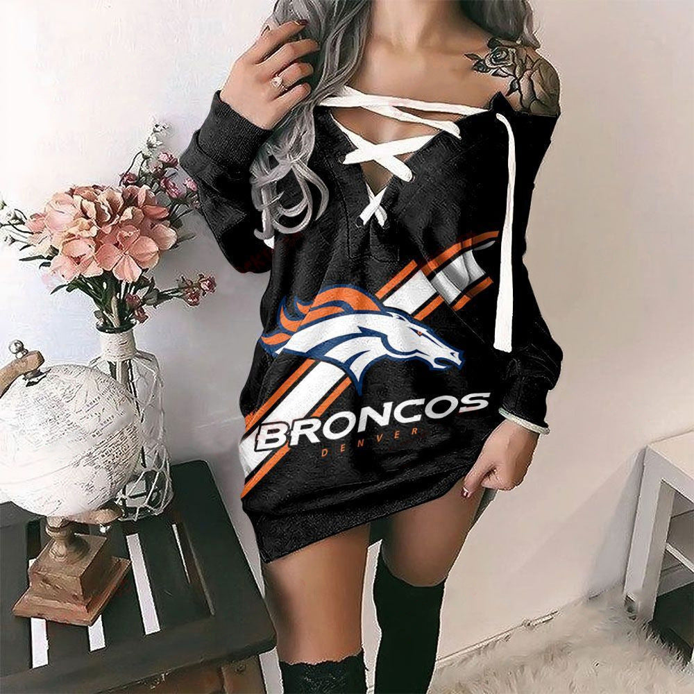 Denver Broncos Printed Lace-up V-neck Off-shoulder Hip Dress