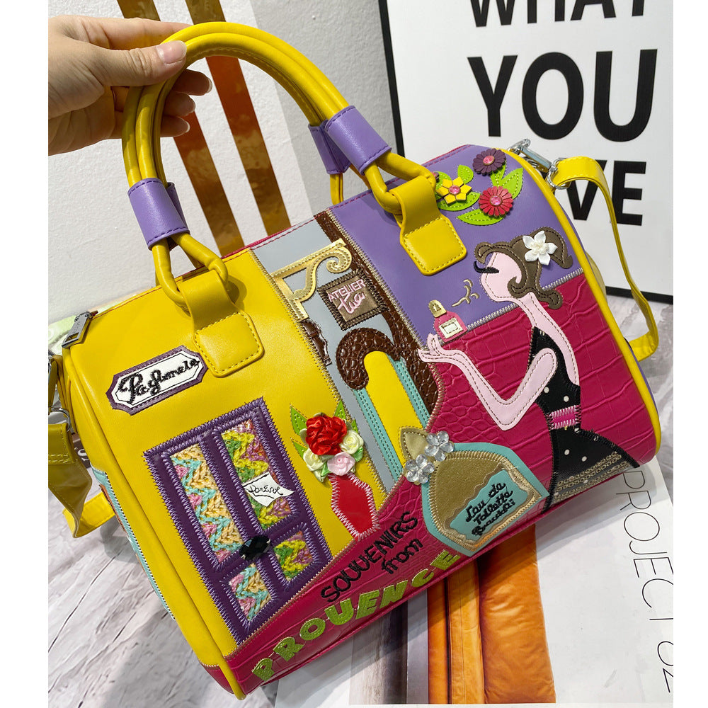 Embroidered Cartoon Patchwork Boston Shoulder Tote Bag