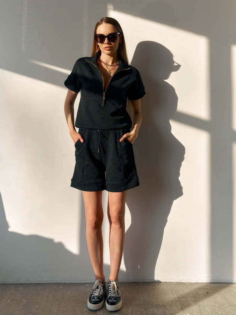 Solid Color Loose-fitting Crew Neck Sweatshirt and Shorts Casual Set