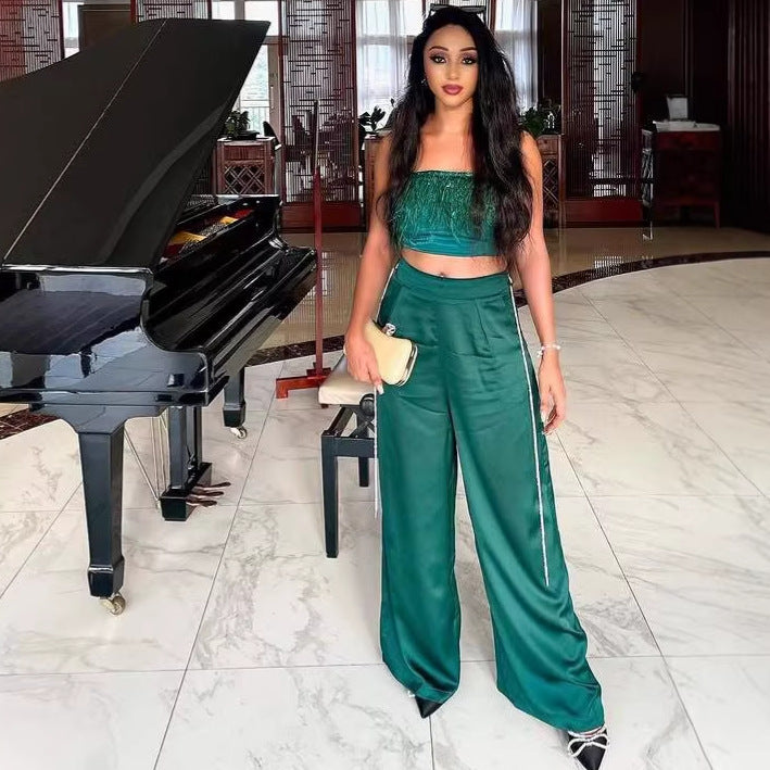 Tassel Halter Top and High-waisted Trousers Two-piece Set
