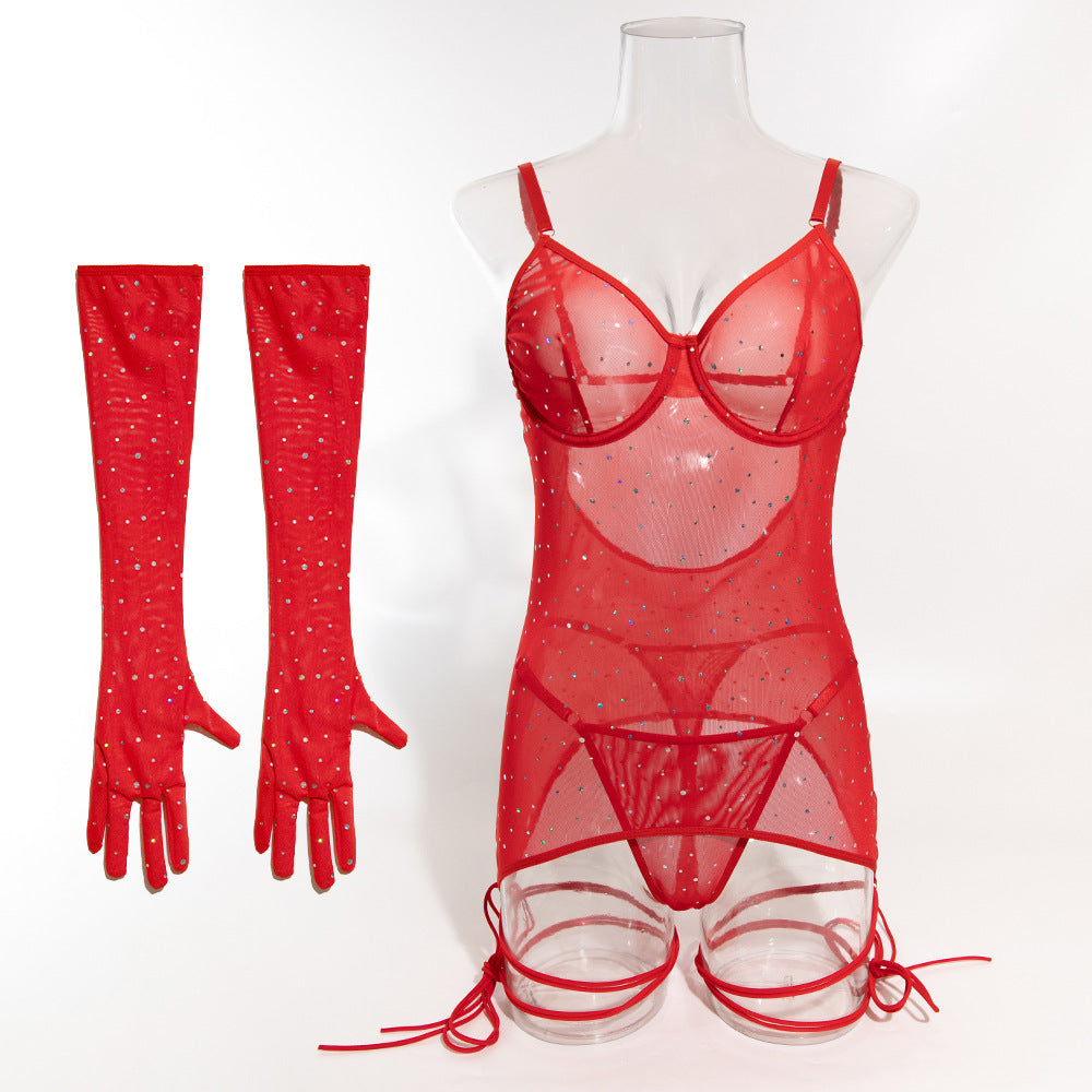 Sequined Sexy Mesh Temptation Dress Four-piece Set