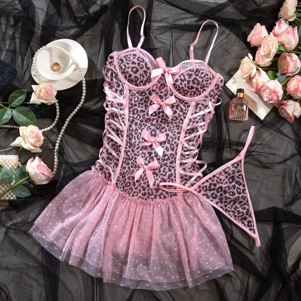 Sexy Pink Leopard Print Tulle Puffy Dress + T-Back