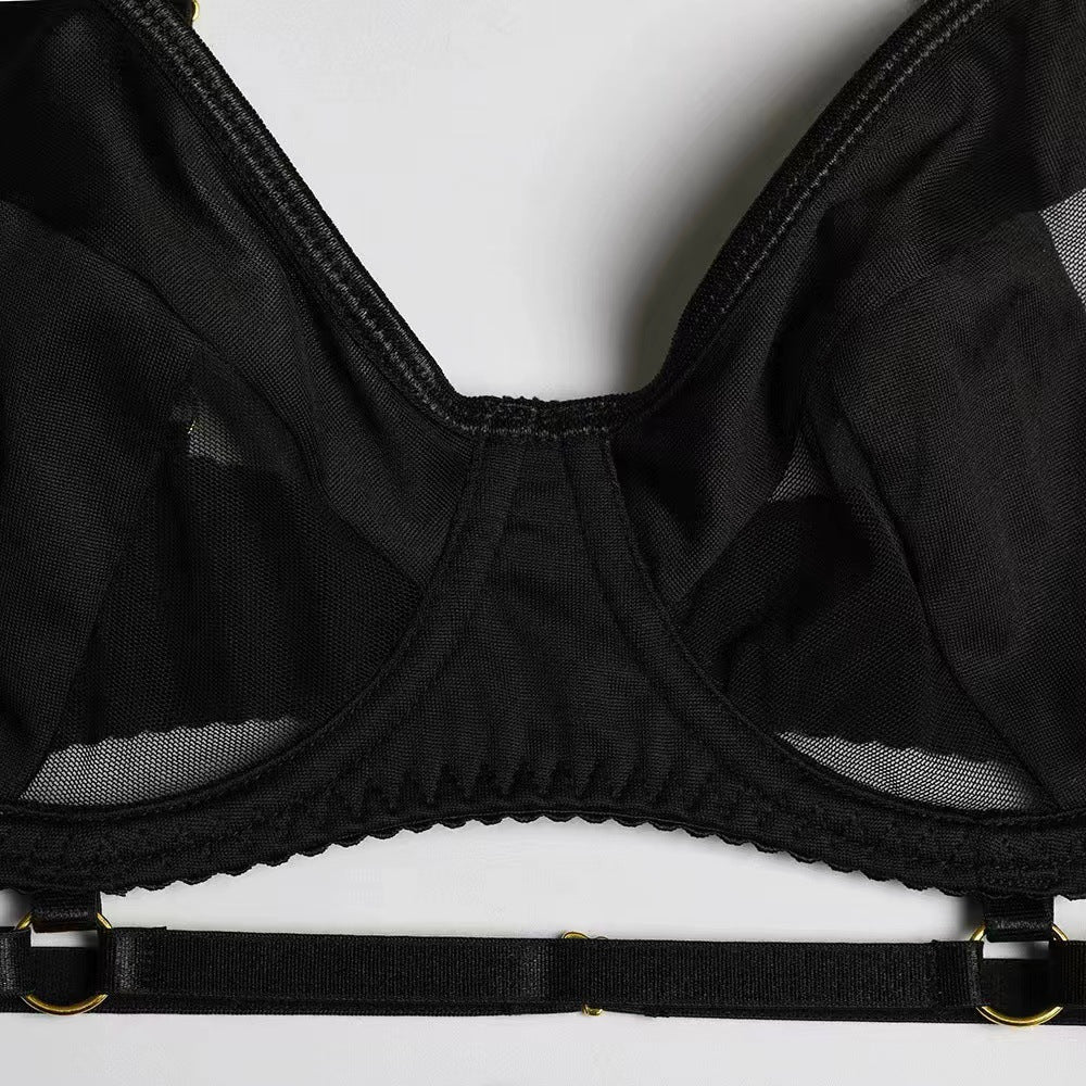 Sexy Transparent Mesh Underwire Gathered Waist Bra Set