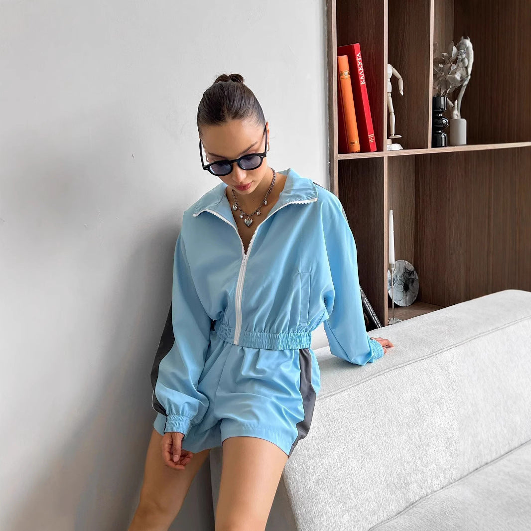 Stylish Long-sleeved Zip-up Sports Cardigan Jacket and Shorts Sports Casual Set