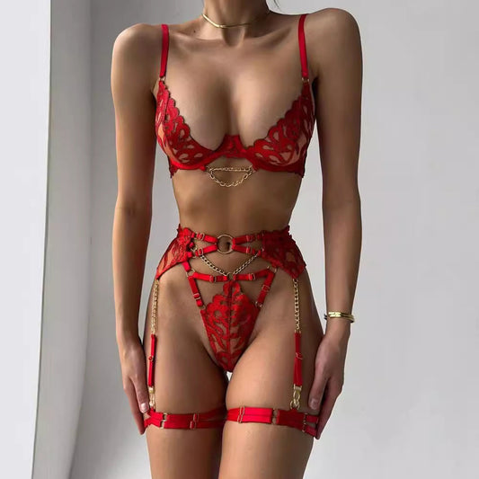 Flame Embroidery Metal Chain Underwire Gathered Waist Corset Bra Set