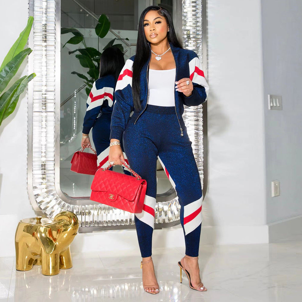 Casual Stitching Zipper Silver Silk Jacket and Trousers Sports Suit