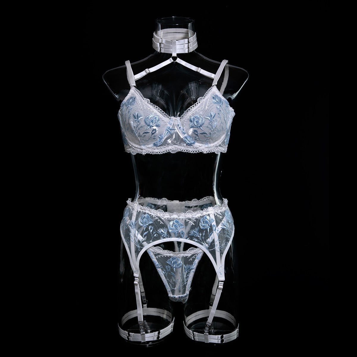 Sexy Suspender Neck Lace Flower Embroidery Underwire Push-up Bra Set