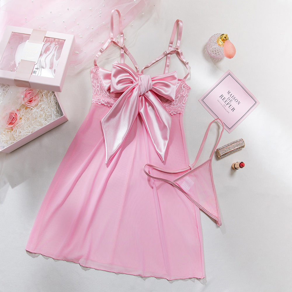 Sexy Transparent Mesh Underwire Gathered Bowknot Dress