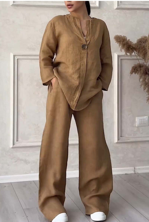 Fashionable Pure Color Cotton Linen Leisure Pants Set