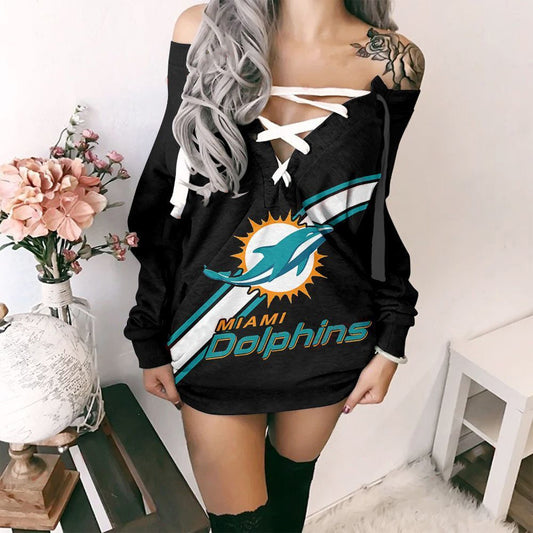 Miami Dolphins Printed Lace-up V-neck Off-shoulder Hip Dress