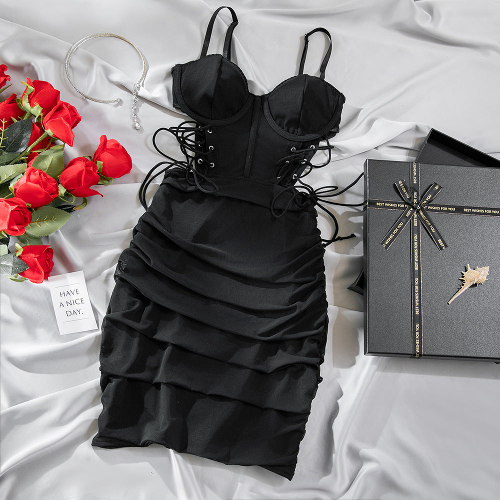 Sexy Underwire Gathered Drawstring Hollow Backpack Hip Herringbone Dress