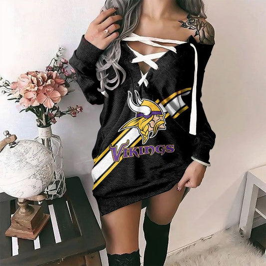 Minnesota Vikings Printed Lace-up V-neck Off-shoulder Hip Dress