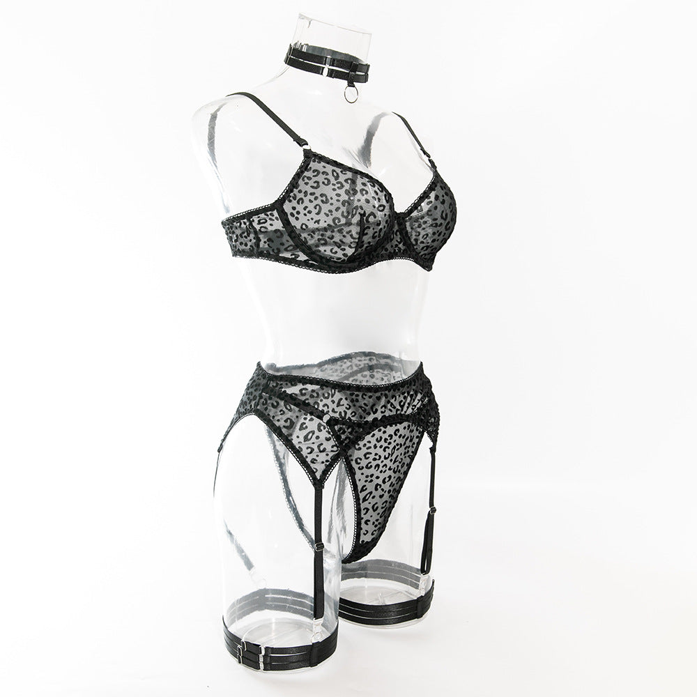 Black Leopard Print Sheer Mesh Scarf Suspender Bodysuit Set
