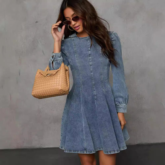 Fashion Casual Patchwork Waist Denim Long Sleeve Dress