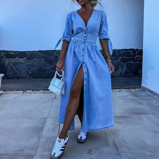 Fashionable and Sexy V-neck Long Multi-button Denim Dress