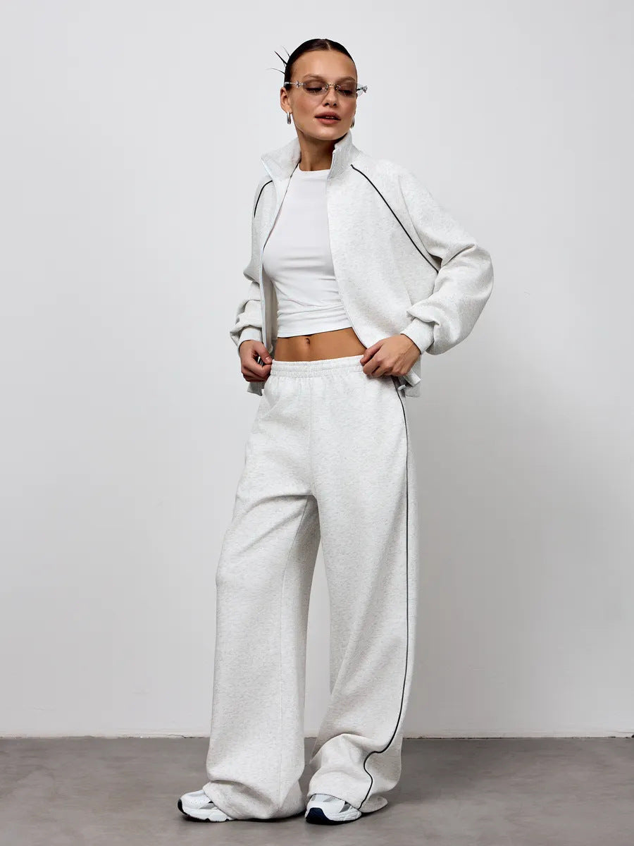 Stylish Line Long-Sleeved Zipper Cardigan Loose-Fitting Trousers Casual Suit