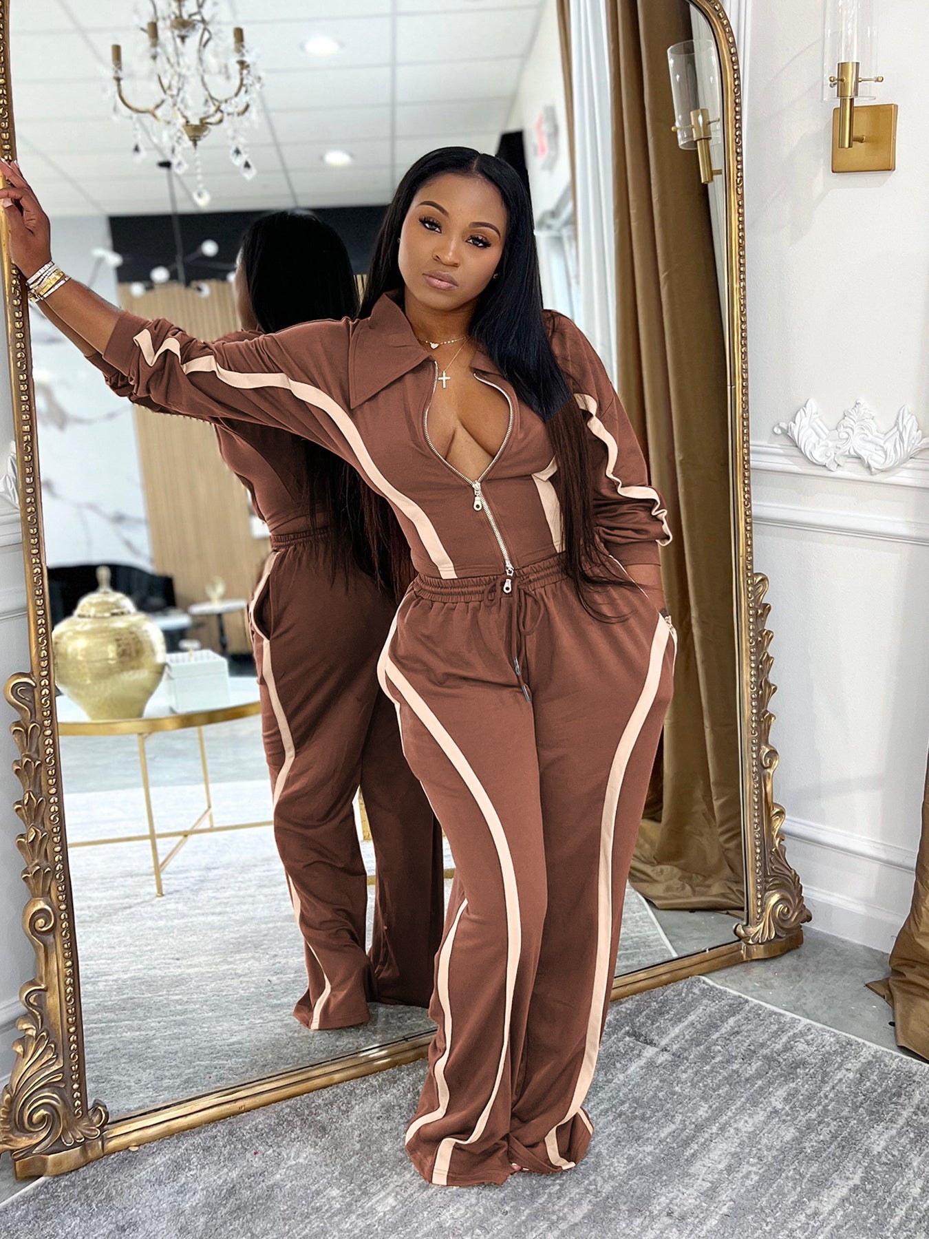 Stylish and Casual Color-blocked Long-sleeved Cardigan Tracksuit