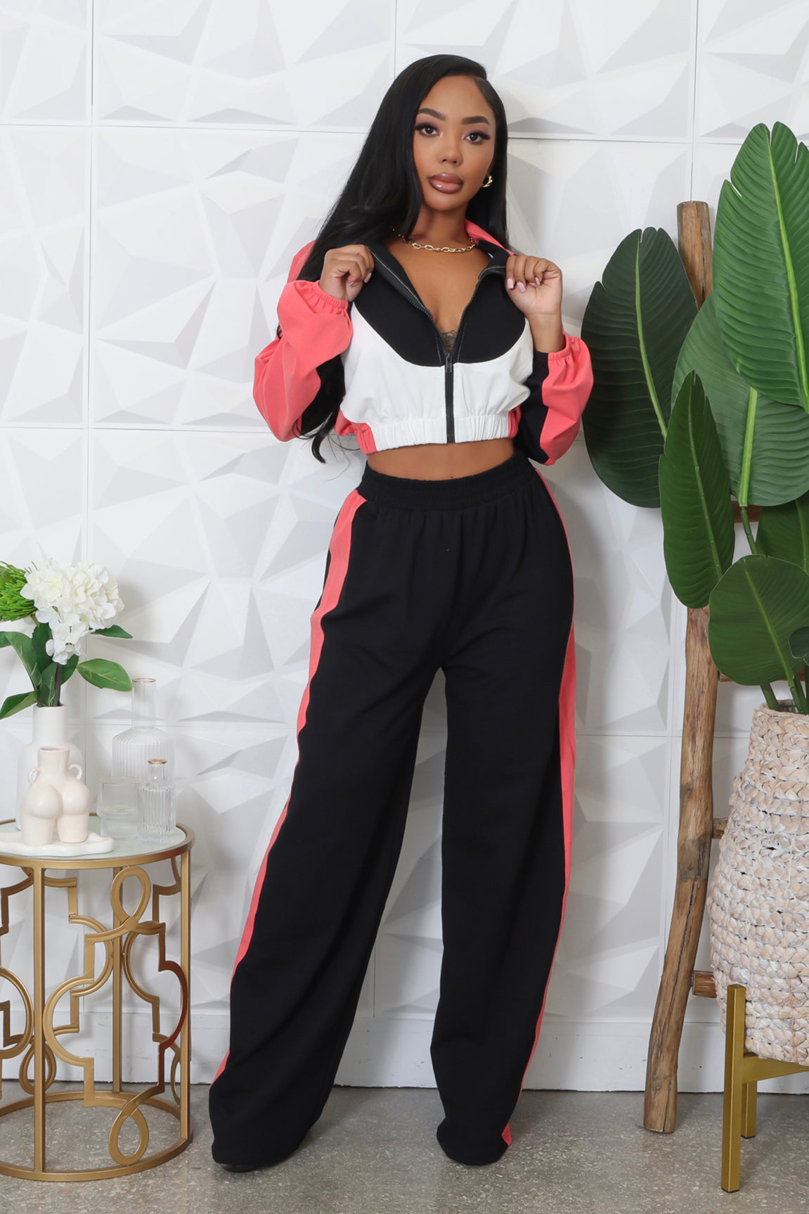 Long-sleeved Turtleneck Color-blocked Short Jacket and Wide-leg Pants Tracksuit