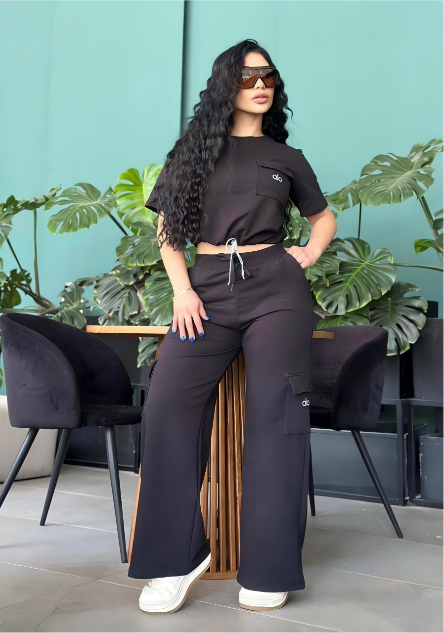 Embroidered Letter Short-Sleeve Wide-Leg Trousers Casual Sports Suit
